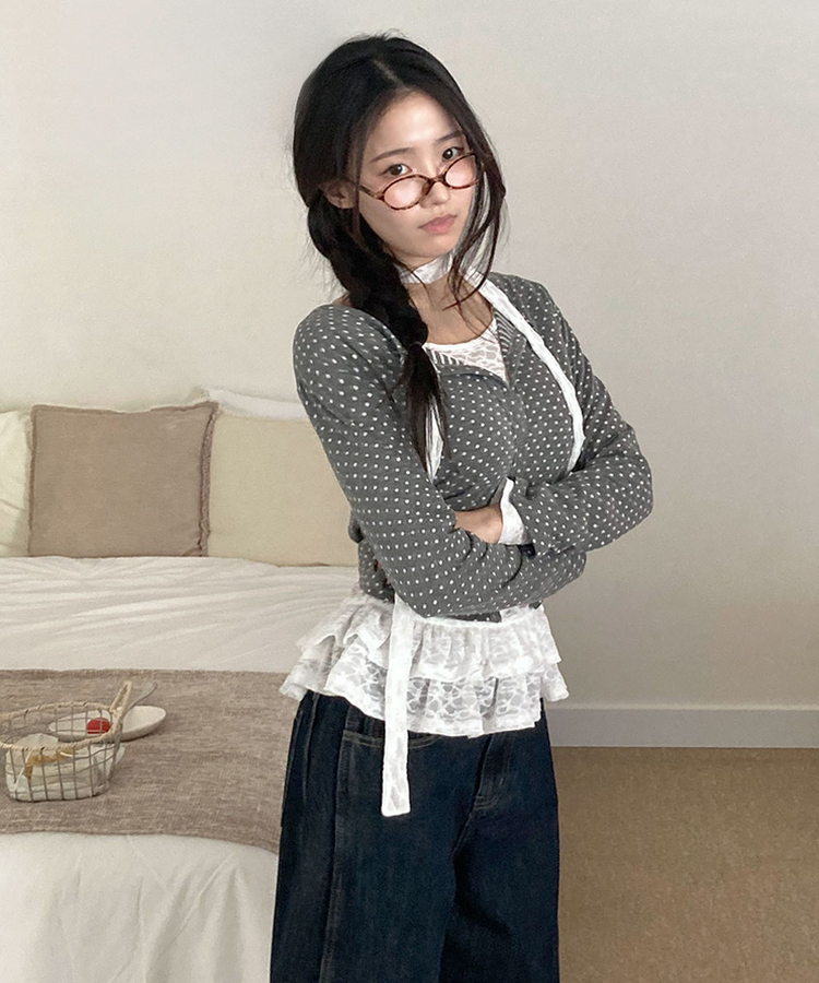 엔비 도트 버튼 세미크롭 라운드넥 가디건 도트패턴 그레이