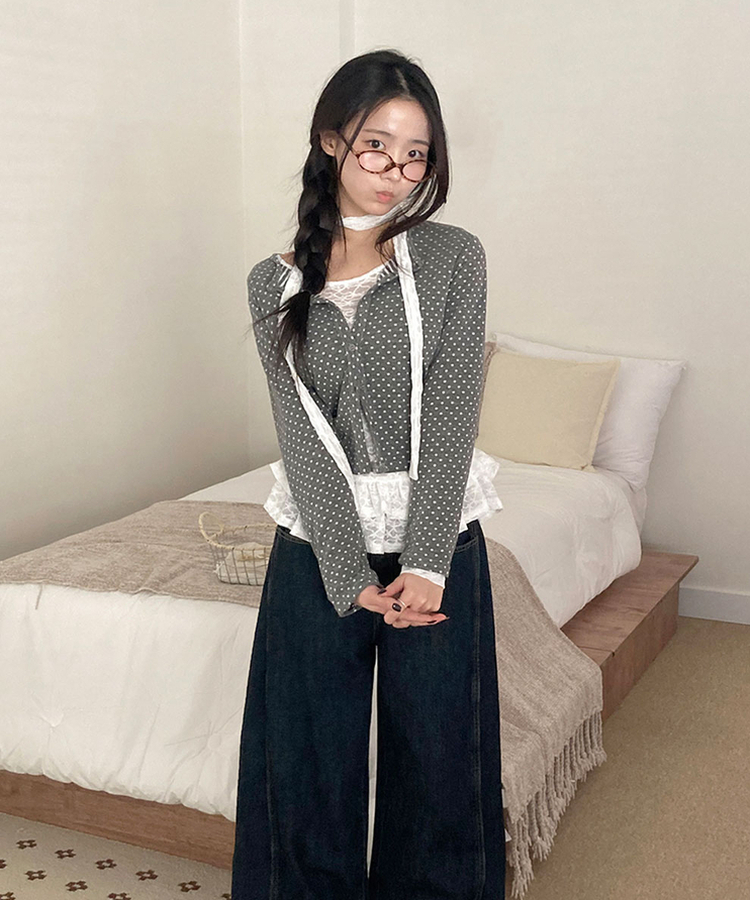 엔비 도트 버튼 세미크롭 라운드넥 가디건 도트패턴 그레이