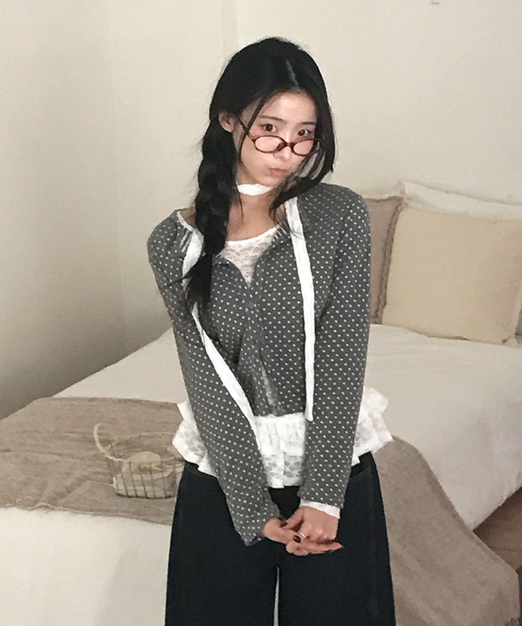 엔비 도트 버튼 세미크롭 라운드넥 가디건 도트패턴 그레이