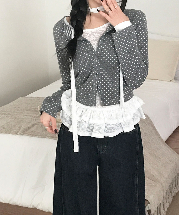 엔비 도트 버튼 세미크롭 라운드넥 가디건 도트패턴 그레이