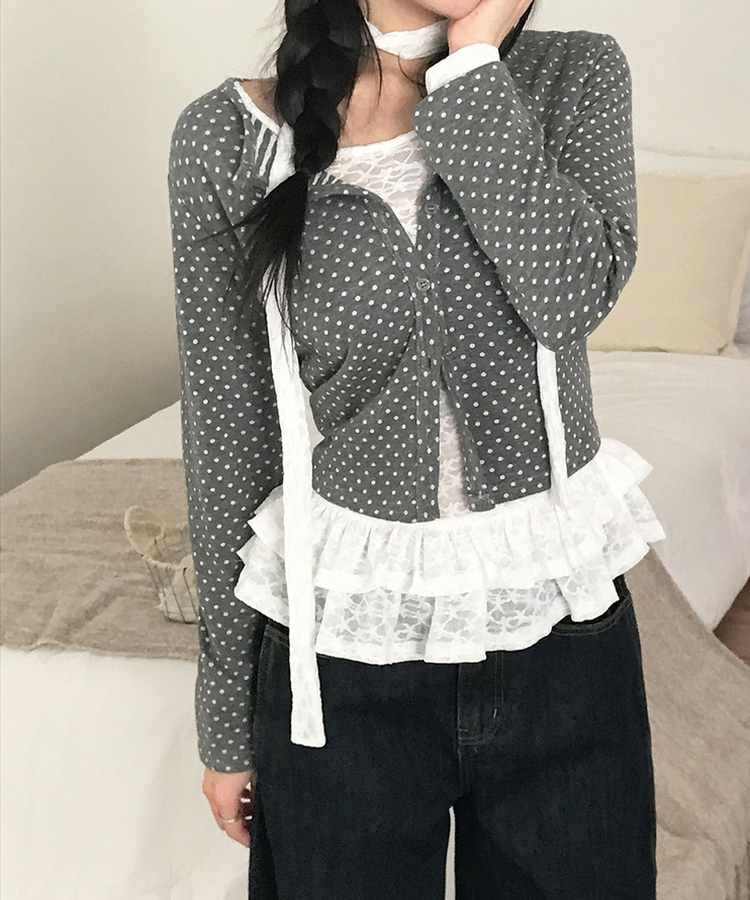 엔비 도트 버튼 세미크롭 라운드넥 가디건 도트패턴 그레이