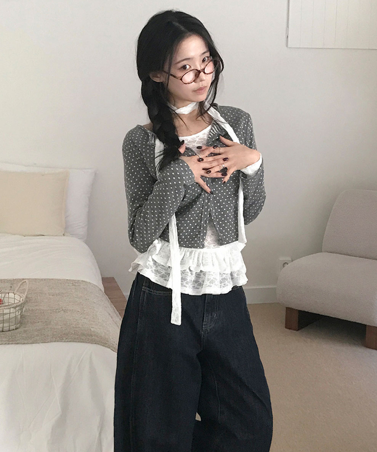 엔비 도트 버튼 세미크롭 라운드넥 가디건 도트패턴 그레이