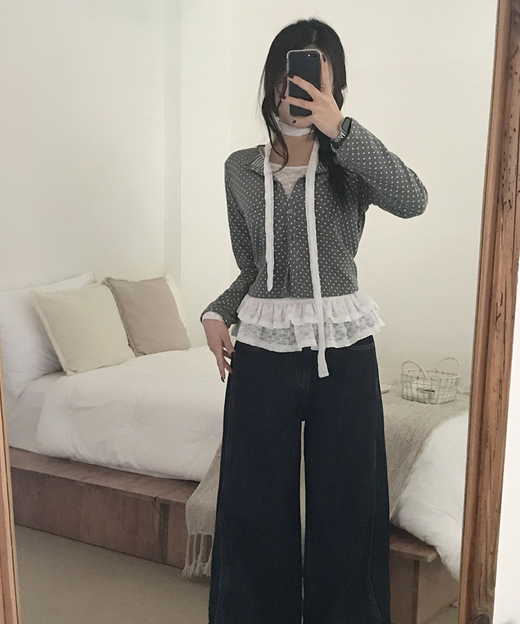 엔비 도트 버튼 세미크롭 라운드넥 가디건 도트패턴 그레이