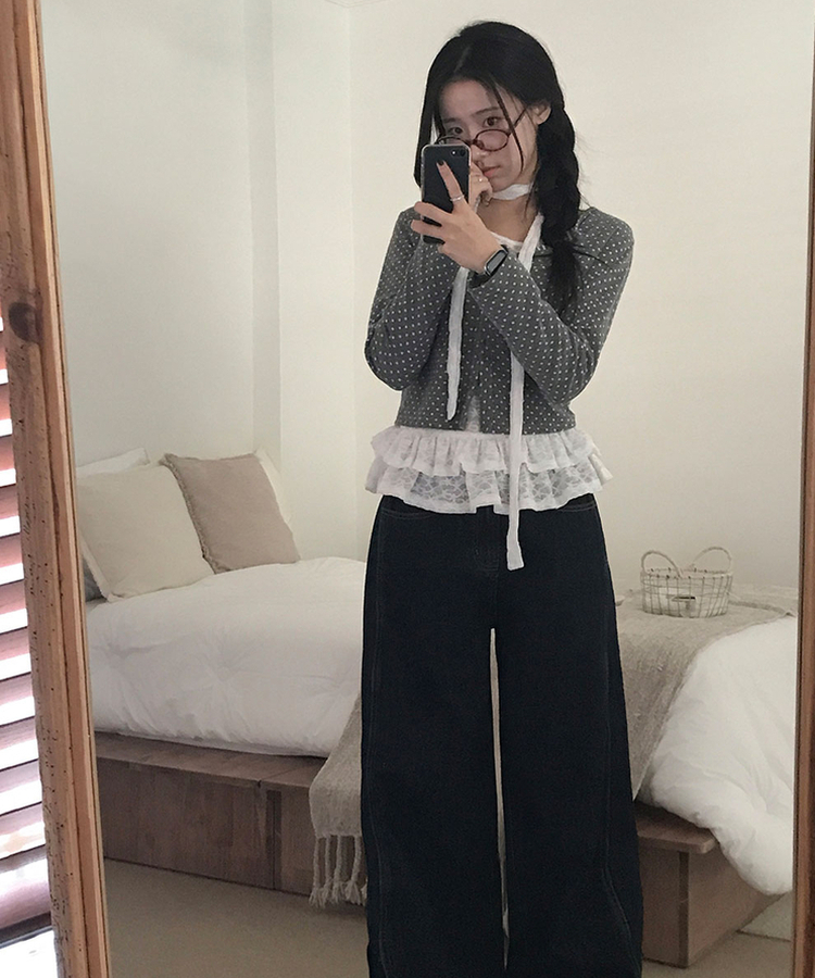 엔비 도트 버튼 세미크롭 라운드넥 가디건 도트패턴 그레이