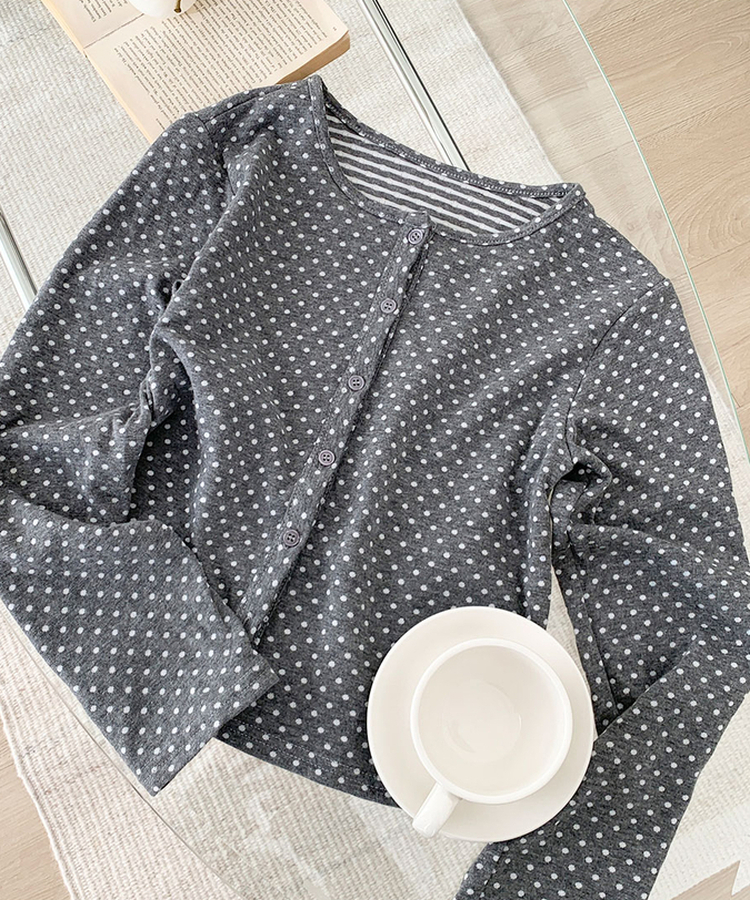 엔비 도트 버튼 세미크롭 라운드넥 가디건 도트패턴
