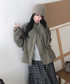 카로 하프 카라 오버 야상 투웨이 버튼 스트링 자켓 카키