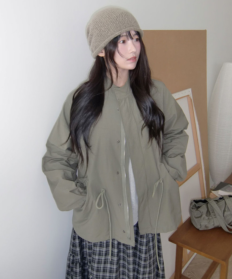 카로 하프 카라 오버 야상 투웨이 버튼 스트링 자켓 카키