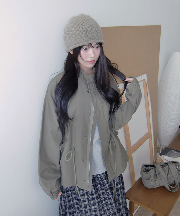 카로 하프 카라 오버 야상 투웨이 버튼 스트링 자켓 카키