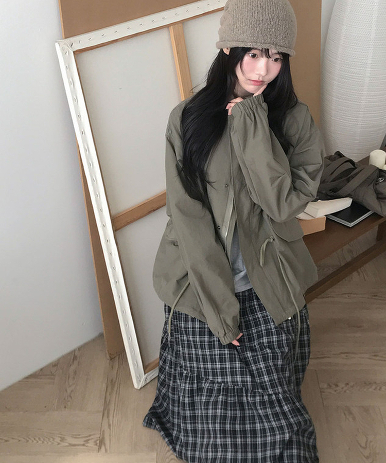 카로 하프 카라 오버 야상 투웨이 버튼 스트링 자켓 카키