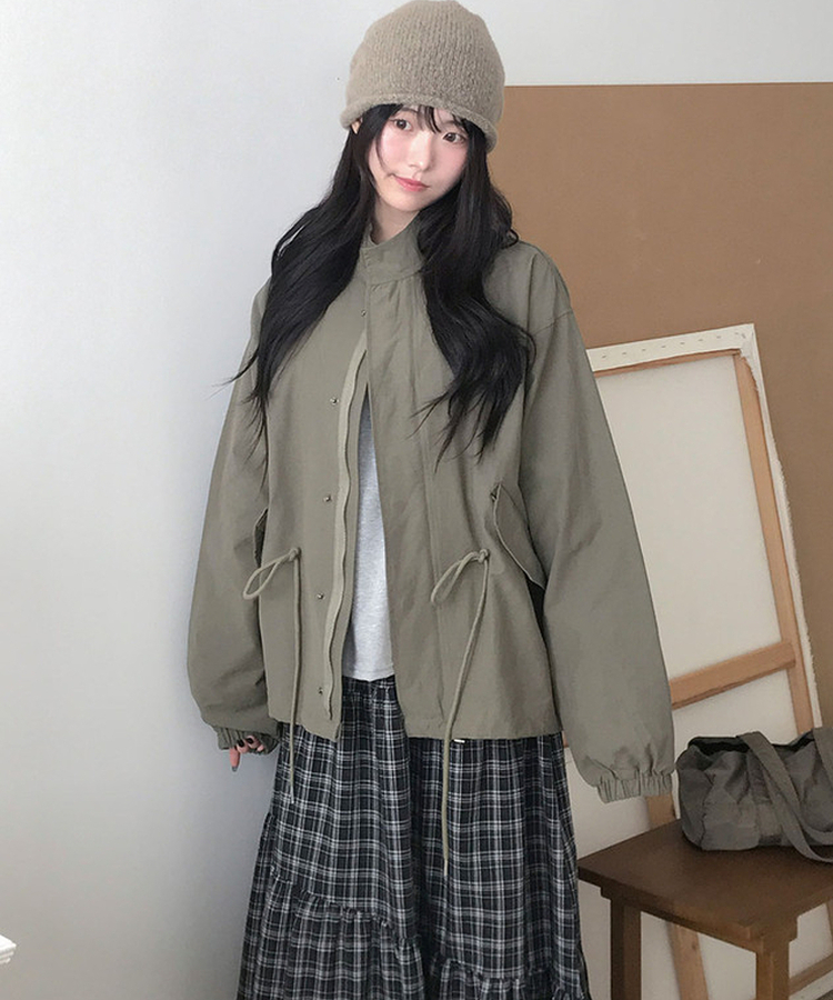 카로 하프 카라 오버 야상 투웨이 버튼 스트링 자켓 카키