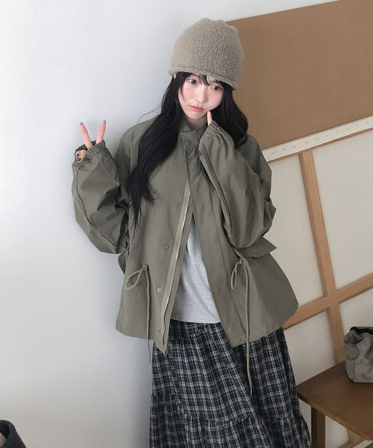 카로 하프 카라 오버 야상 투웨이 버튼 스트링 자켓 카키