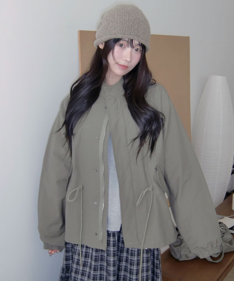 카로 하프 카라 오버 야상 투웨이 버튼 스트링 자켓 카키