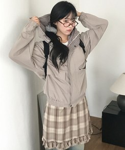 チェックウィンドブレーカーフードジャケット LIGHT BEIGE