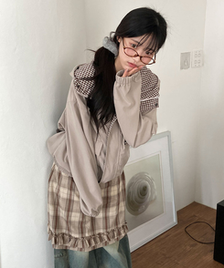 チェックウィンドブレーカーフードジャケット LIGHT BEIGE