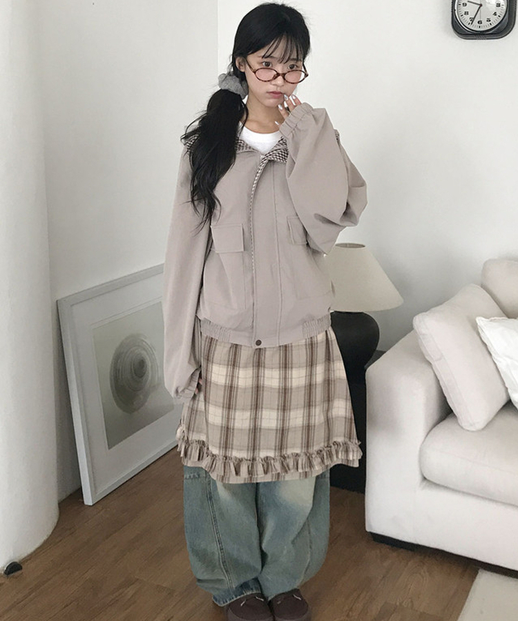 토토로 체크 배색 루즈핏 바람막이 후드 점퍼 라이트베이지