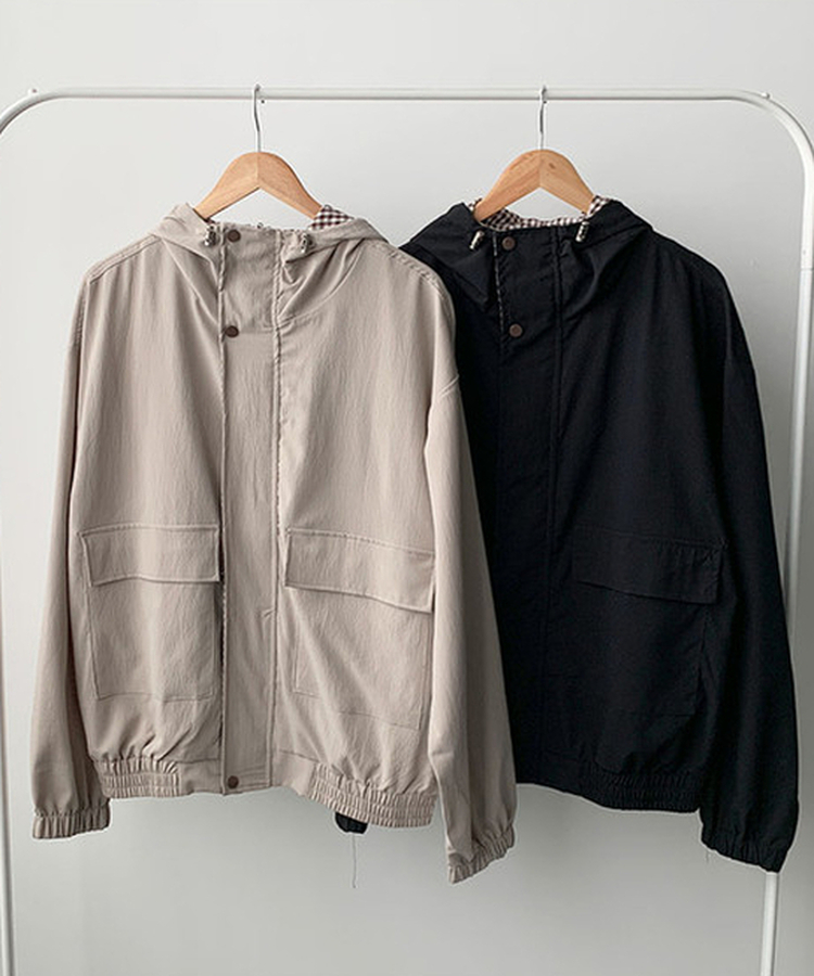 토토로 체크 배색 루즈핏 바람막이 후드 점퍼