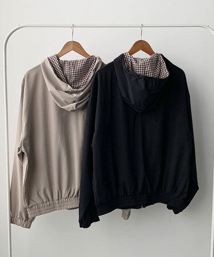 토토로 체크 배색 루즈핏 바람막이 후드 점퍼