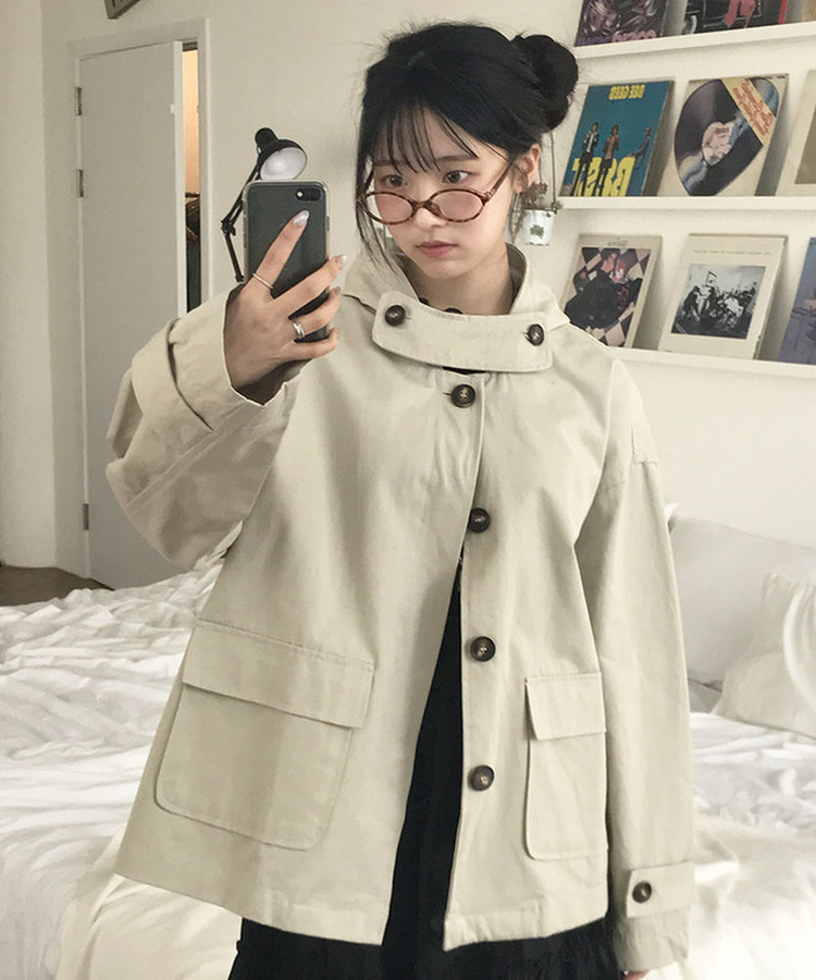 테사 하이넥 히든버튼 루즈핏 하프 숏 자켓 코트 봄신상 봄아우터 간절기 스톤