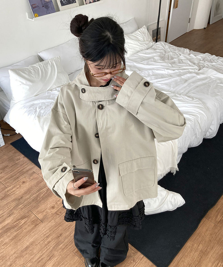 테사 하이넥 히든버튼 루즈핏 하프 숏 자켓 코트 봄신상 봄아우터 간절기 스톤