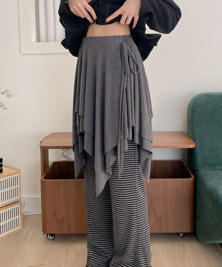 모먼트 언발 레이어드 스트랩 훌 미디 스커트 그레이