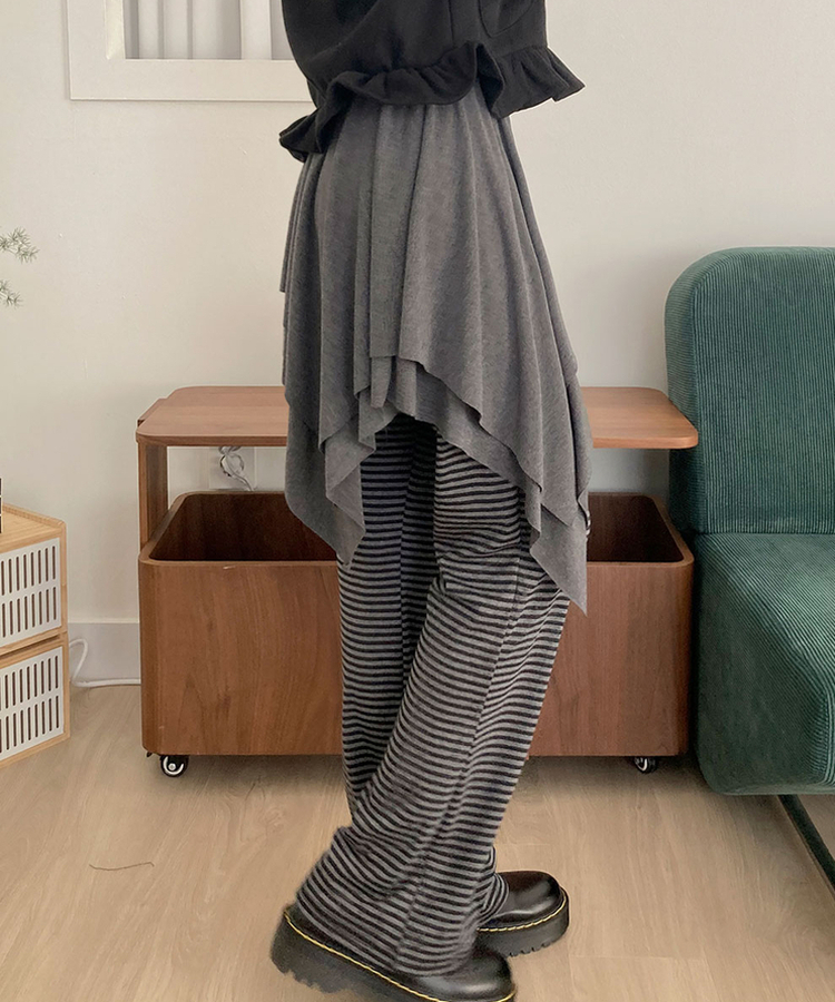 모먼트 언발 레이어드 스트랩 훌 미디 스커트 그레이