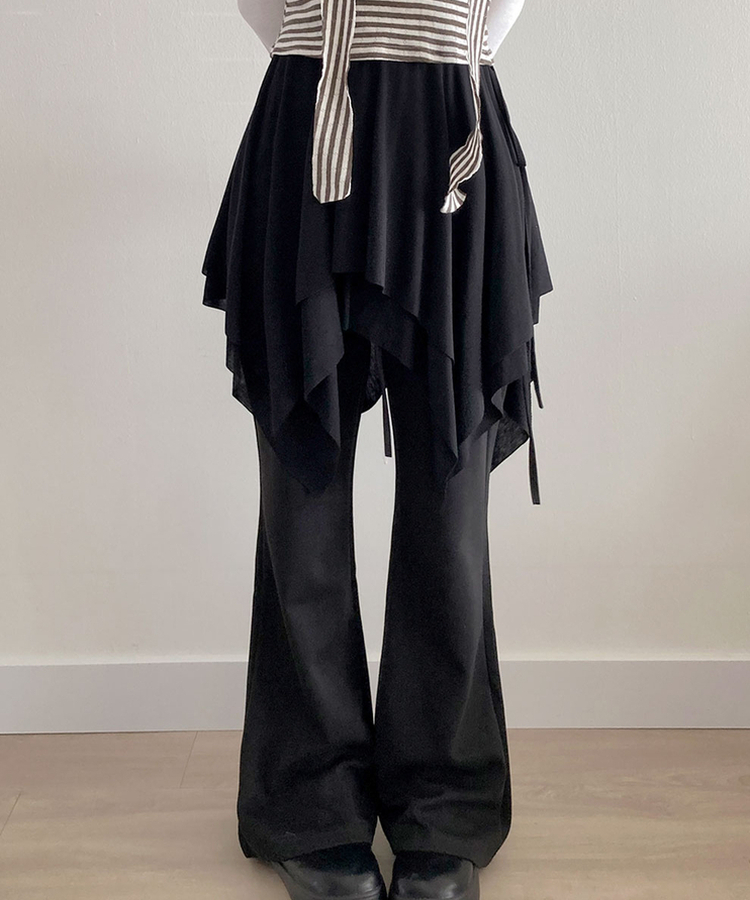 모먼트 언발 레이어드 스트랩 훌 미디 스커트 블랙