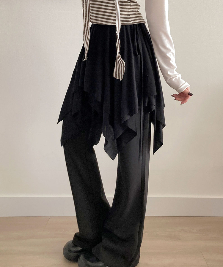 모먼트 언발 레이어드 스트랩 훌 미디 스커트 블랙