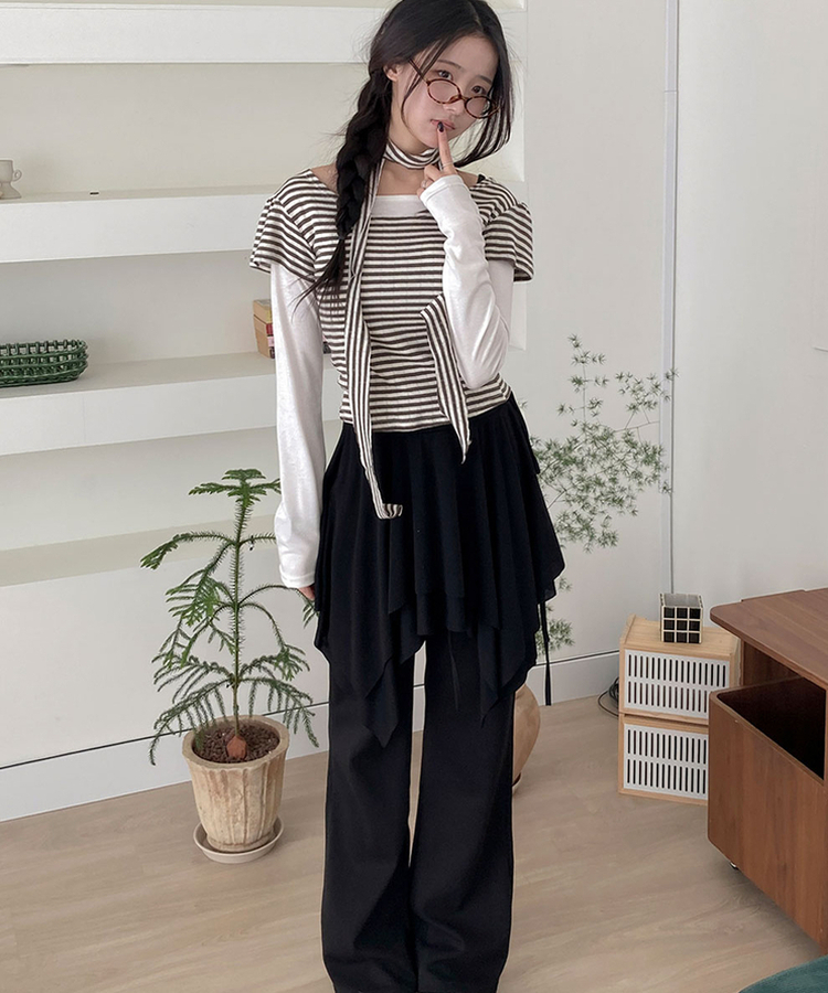 모먼트 언발 레이어드 스트랩 훌 미디 스커트 블랙