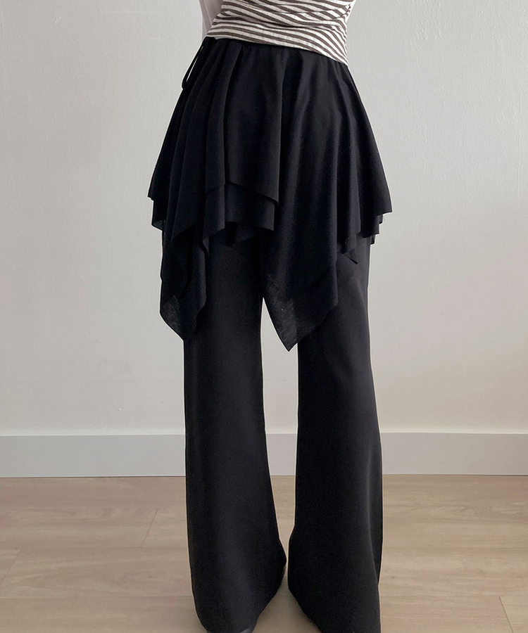 모먼트 언발 레이어드 스트랩 훌 미디 스커트 블랙