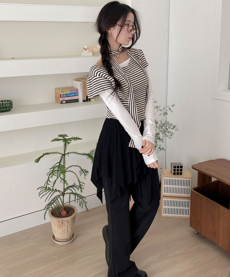 모먼트 언발 레이어드 스트랩 훌 미디 스커트 블랙