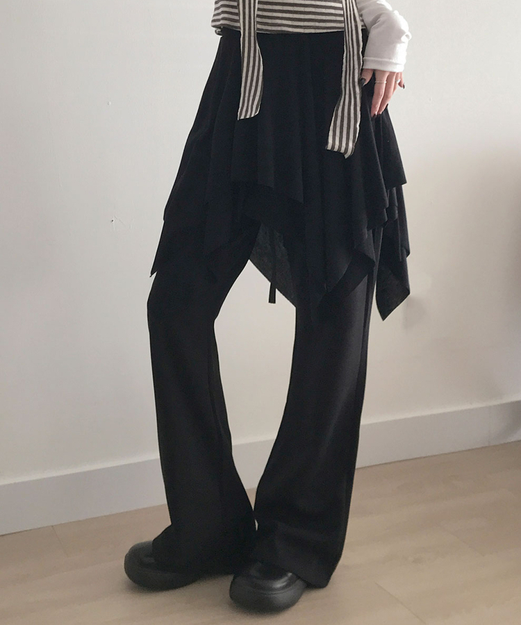 모먼트 언발 레이어드 스트랩 훌 미디 스커트 블랙