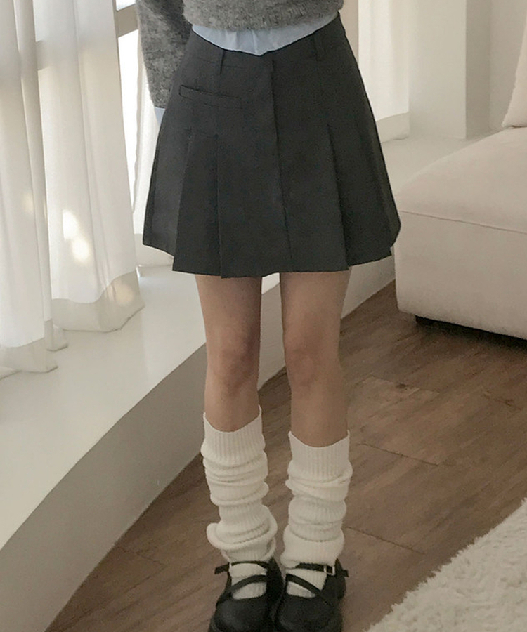 러플 a라인 페이크포켓 플리츠 미니 스커트 먹색