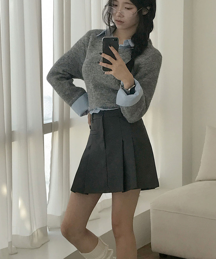 러플 a라인 페이크포켓 플리츠 미니 스커트 먹색