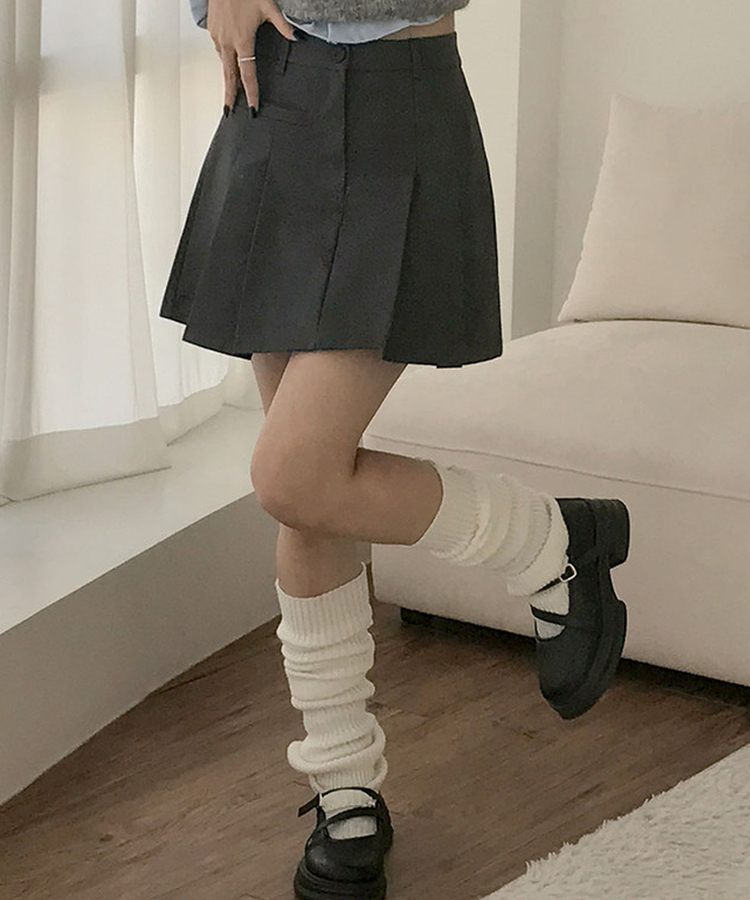 러플 a라인 페이크포켓 플리츠 미니 스커트 먹색