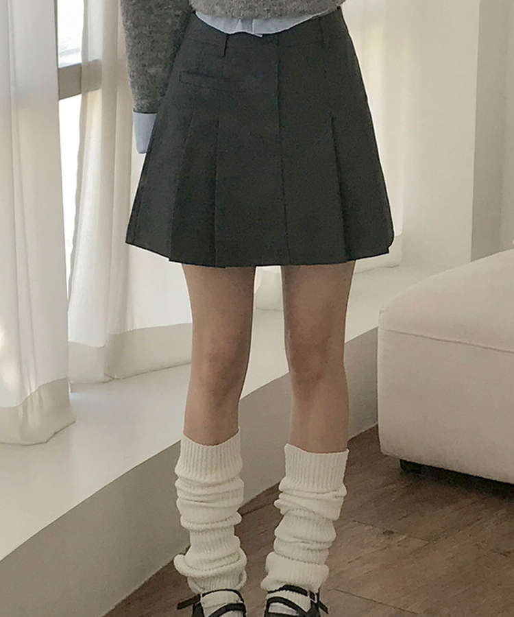 러플 a라인 페이크포켓 플리츠 미니 스커트 먹색