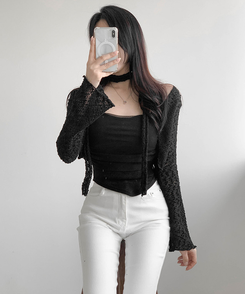 【SET】ボレロカーディガン カップ付きキャミソール マフラー BLACK