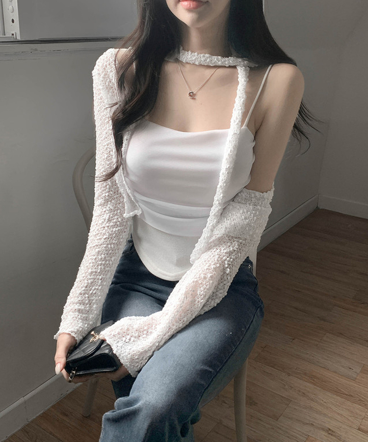 【SET】ボレロカーディガン カップ付きキャミソール マフラー IVORY