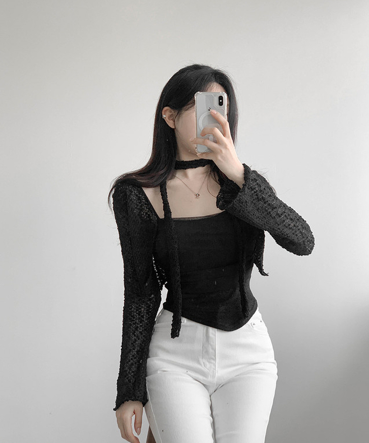 【SET】ボレロカーディガン カップ付きキャミソール マフラー BLACK