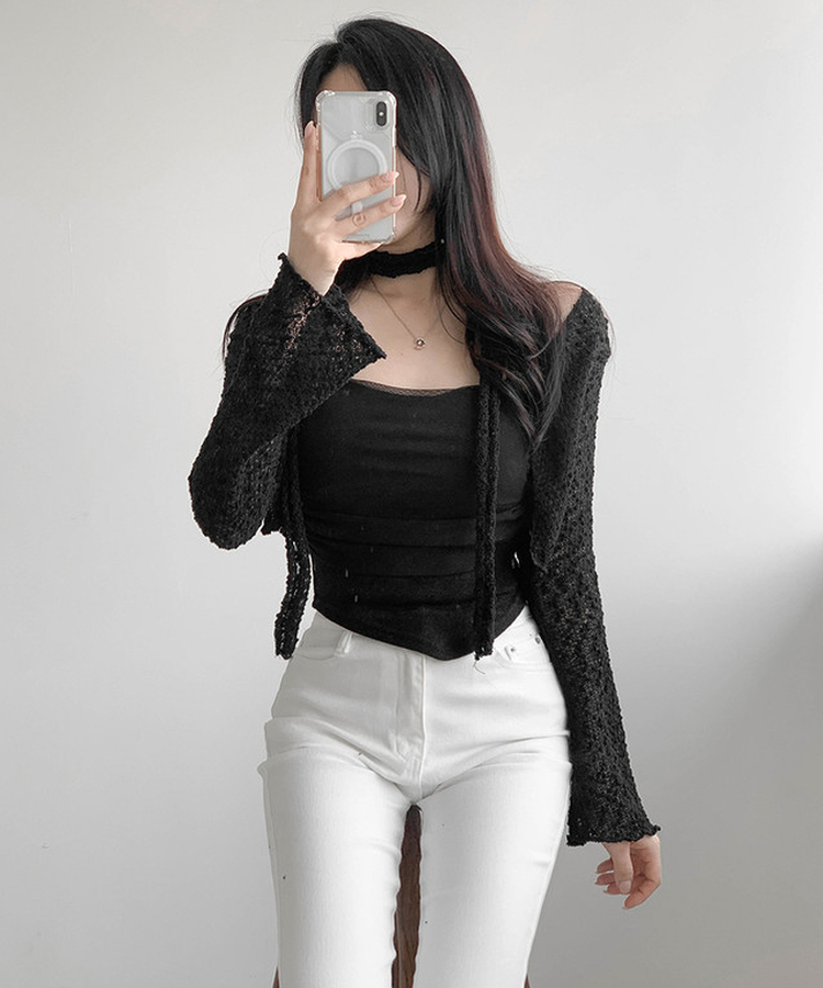 【SET】ボレロカーディガン カップ付きキャミソール マフラー BLACK