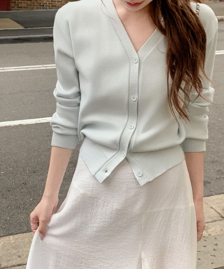 (MADE/イージーウォッシャブル/2type) 2タイプ ラウンド＆Vネック ペンダントカーディガン SKY MINT