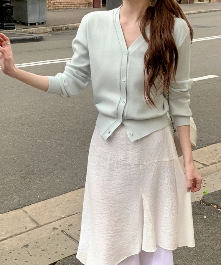 (MADE/イージーウォッシャブル/2type) 2タイプ ラウンド＆Vネック ペンダントカーディガン SKY MINT