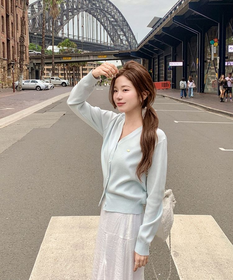 (MADE/イージーウォッシャブル/2type) 2タイプ ラウンド＆Vネック ペンダントカーディガン SKY MINT