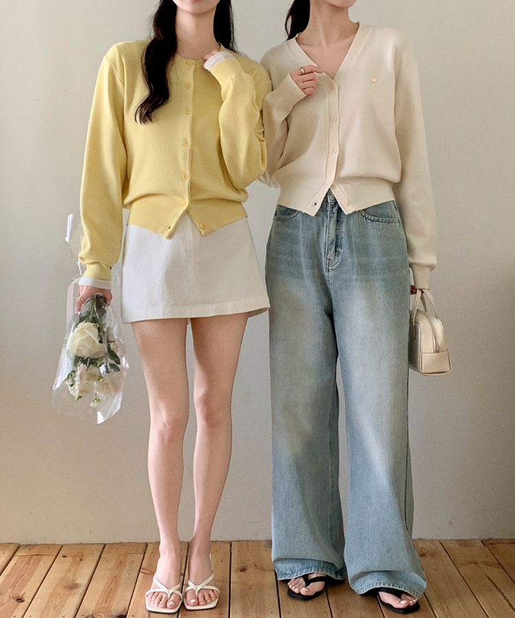 (MADE/イージーウォッシャブル/2type) 2タイプ ラウンド＆Vネック ペンダントカーディガン LEMON