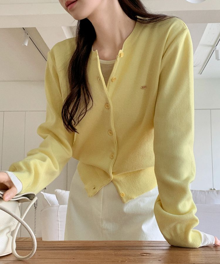 (MADE/イージーウォッシャブル/2type) 2タイプ ラウンド＆Vネック ペンダントカーディガン LEMON