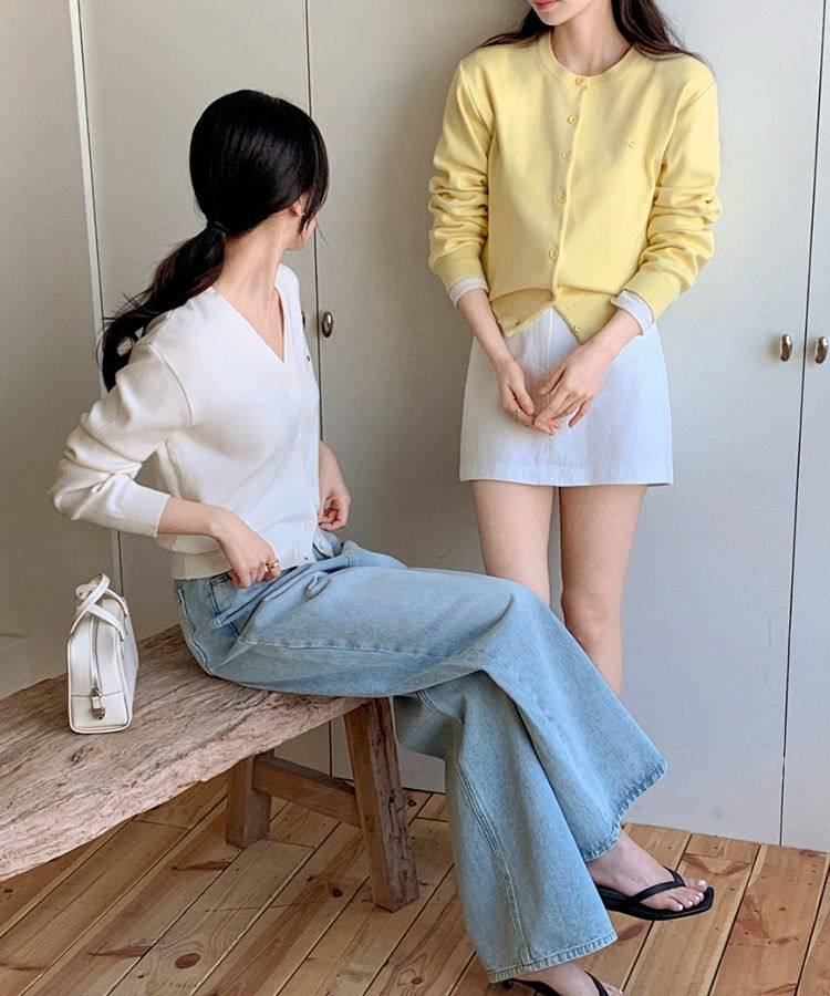 (MADE/イージーウォッシャブル/2type) 2タイプ ラウンド＆Vネック ペンダントカーディガン LEMON