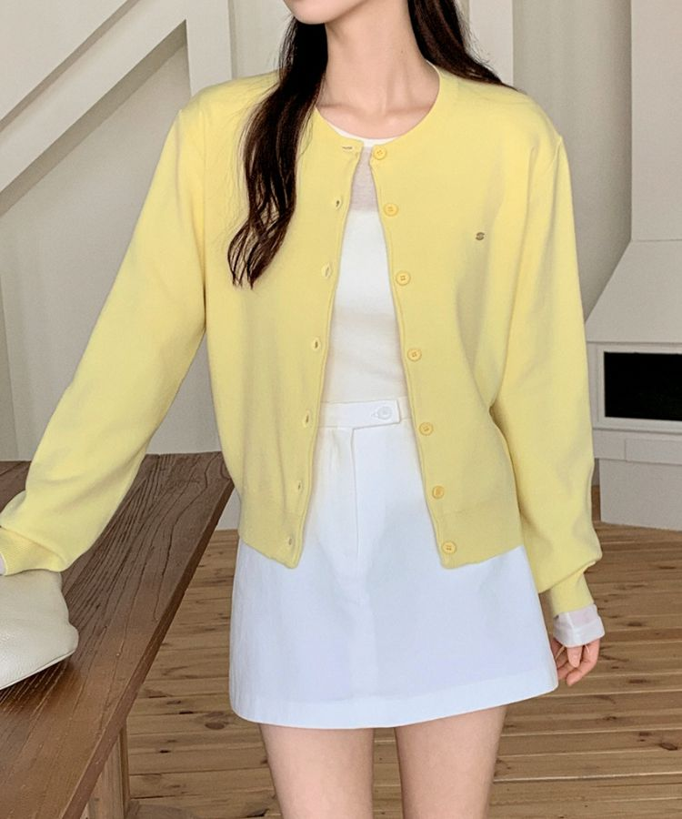 (MADE/イージーウォッシャブル/2type) 2タイプ ラウンド＆Vネック ペンダントカーディガン LEMON