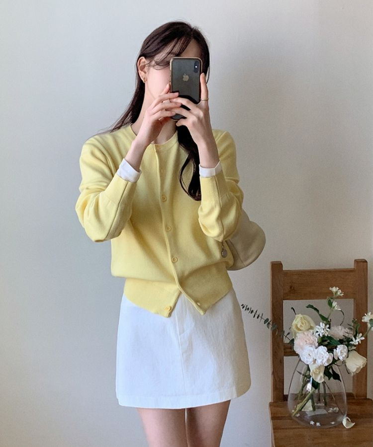 (MADE/イージーウォッシャブル/2type) 2タイプ ラウンド＆Vネック ペンダントカーディガン LEMON