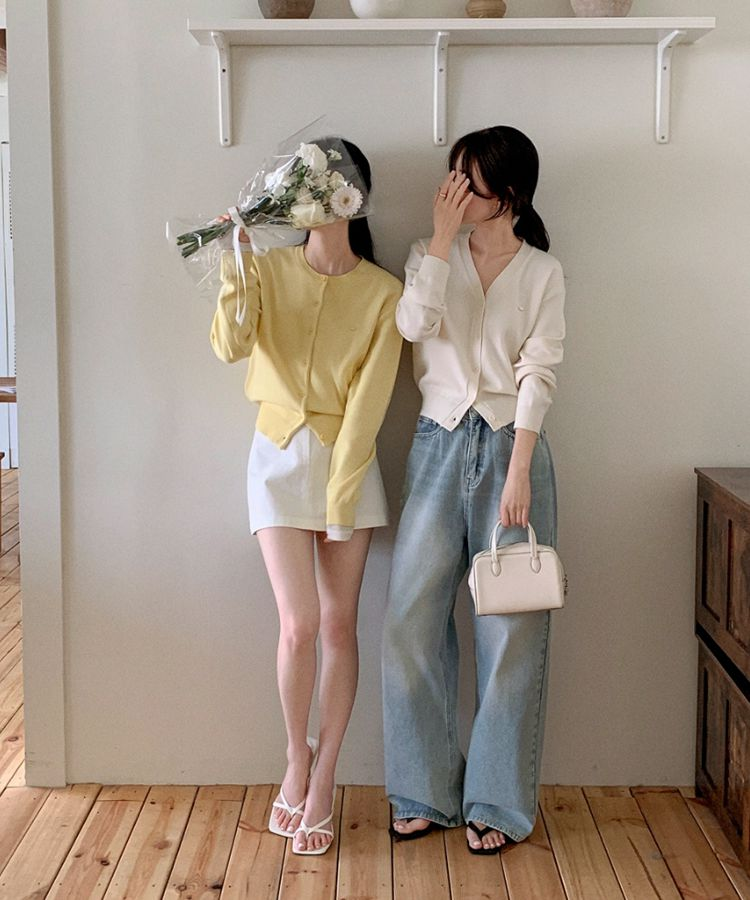 (MADE/イージーウォッシャブル/2type) 2タイプ ラウンド＆Vネック ペンダントカーディガン LEMON