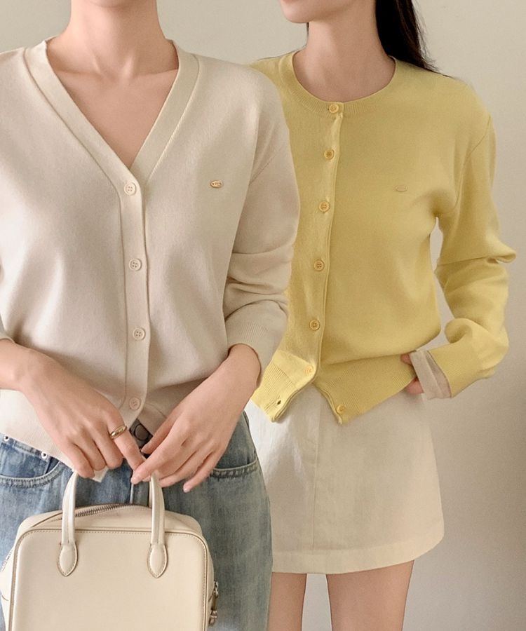 (MADE/イージーウォッシャブル/2type) 2タイプ ラウンド＆Vネック ペンダントカーディガン LEMON