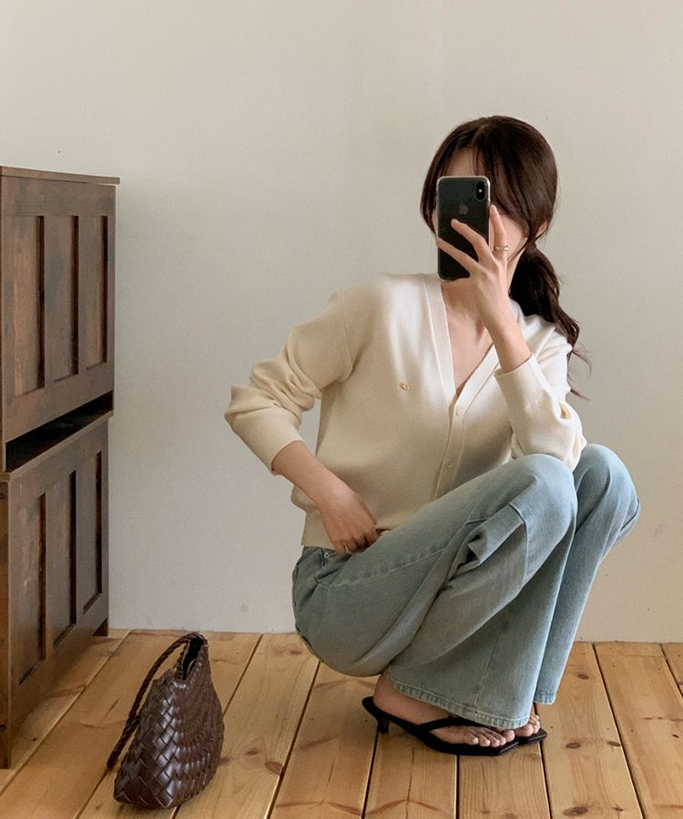 (MADE/イージーウォッシャブル/2type) 2タイプ ラウンド＆Vネック ペンダントカーディガン SNOW BEIGE